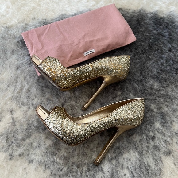 Authentic Miu Miu Gold Glitter Open-Toe Heels – Size 6.5 - Picture 10 of 16